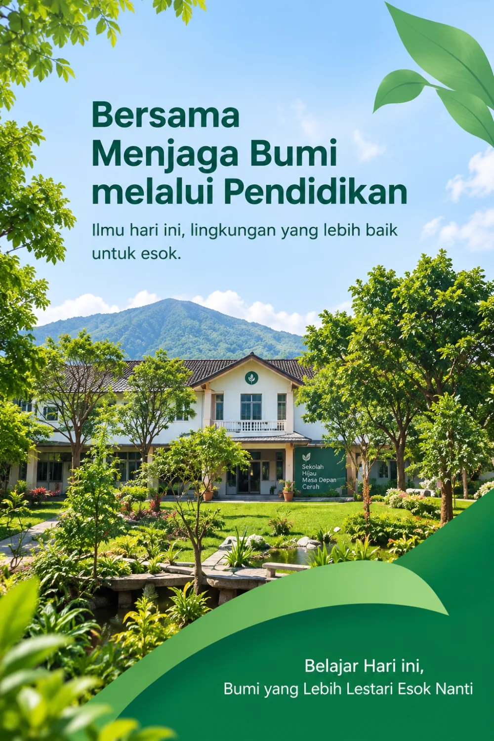 Gedung sekolah hijau dengan latar pegunungan dan taman asri